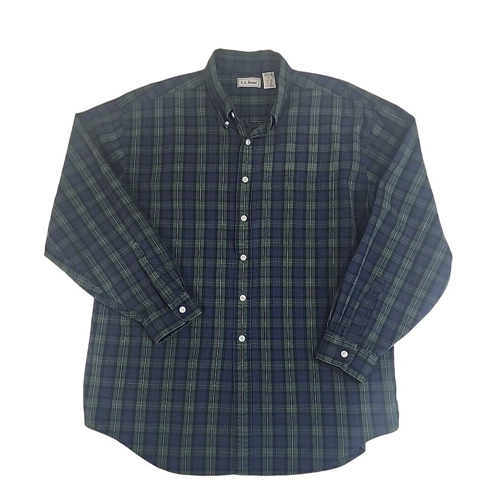 LL Bean Vintage Men Green Blue Plaid Shirt Long Sleeve XL Textured #1291